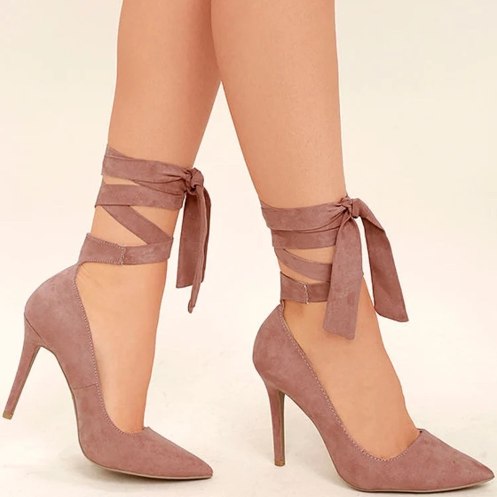 Qupid Tan Suede Heels with Wrap-Around Laces - Chantel Mauve Suede Lace-Up Heels